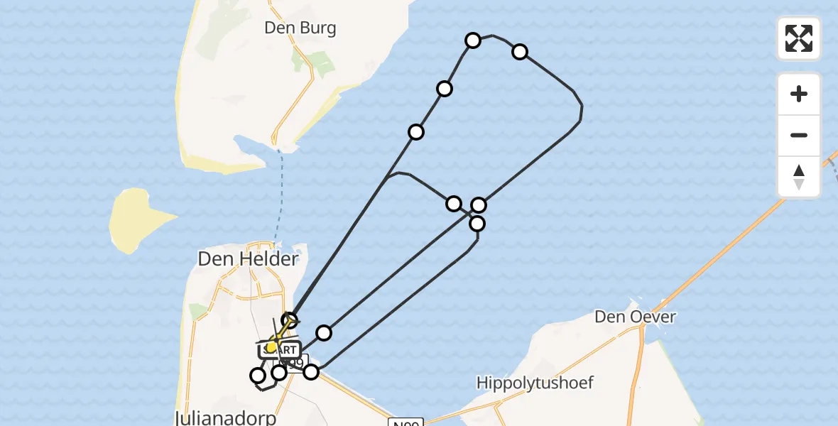 Routekaart van de vlucht: Kustwachthelikopter naar Vliegveld De Kooy, Rijksweg