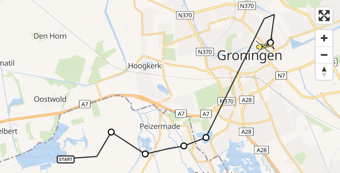 Routekaart van de vlucht: Ambulancehelikopter naar Universitair Medisch Centrum Groningen, Hooiweg