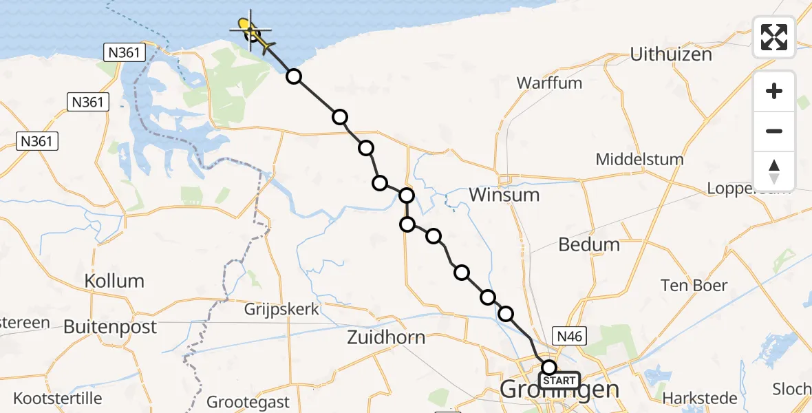 Routekaart van de vlucht: Ambulanceheli naar Lauwersoog, Plataanpad