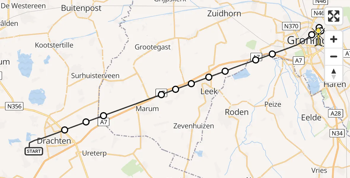 Routekaart van de vlucht: Lifeliner 4 naar Universitair Medisch Centrum Groningen, Tussendiepen