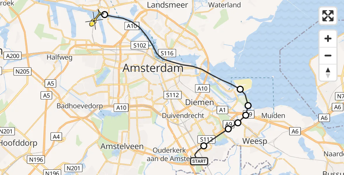 Routekaart van de vlucht: Lifeliner 1 naar Amsterdam Heliport, Maldenhof