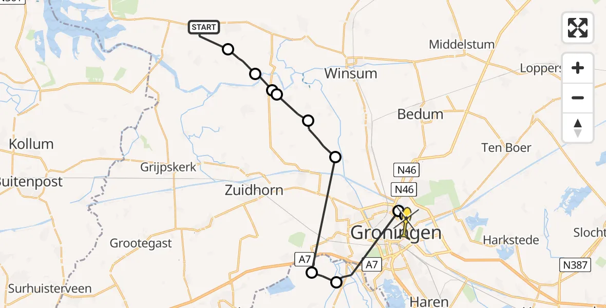 Routekaart van de vlucht: Ambulanceheli naar Universitair Medisch Centrum Groningen, Kattenburgerweg