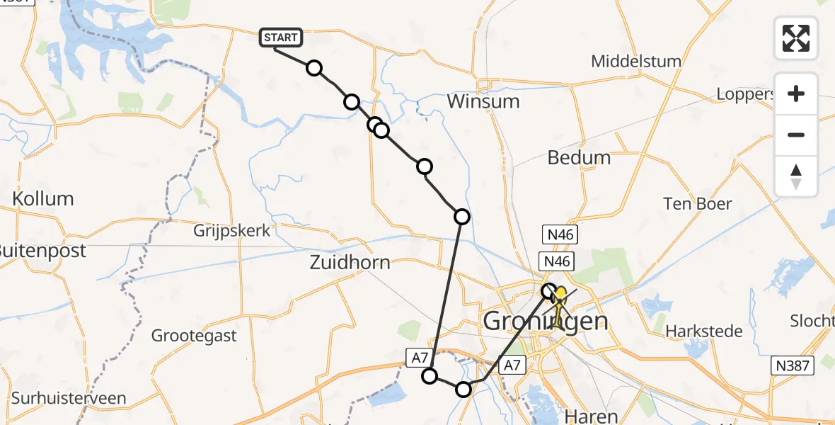 Routekaart van de vlucht: Ambulancehelikopter naar Universitair Medisch Centrum Groningen, Kattenburgerweg
