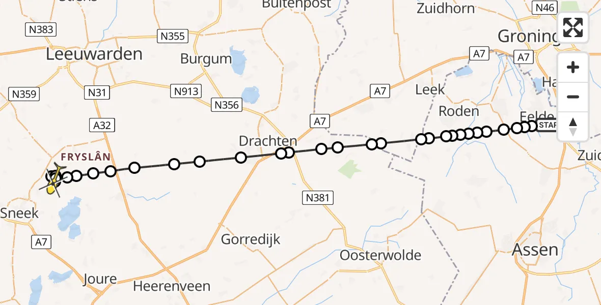 Routekaart van de vlucht: Lifeliner 4 naar Sibrandabuorren, Veldkampweg