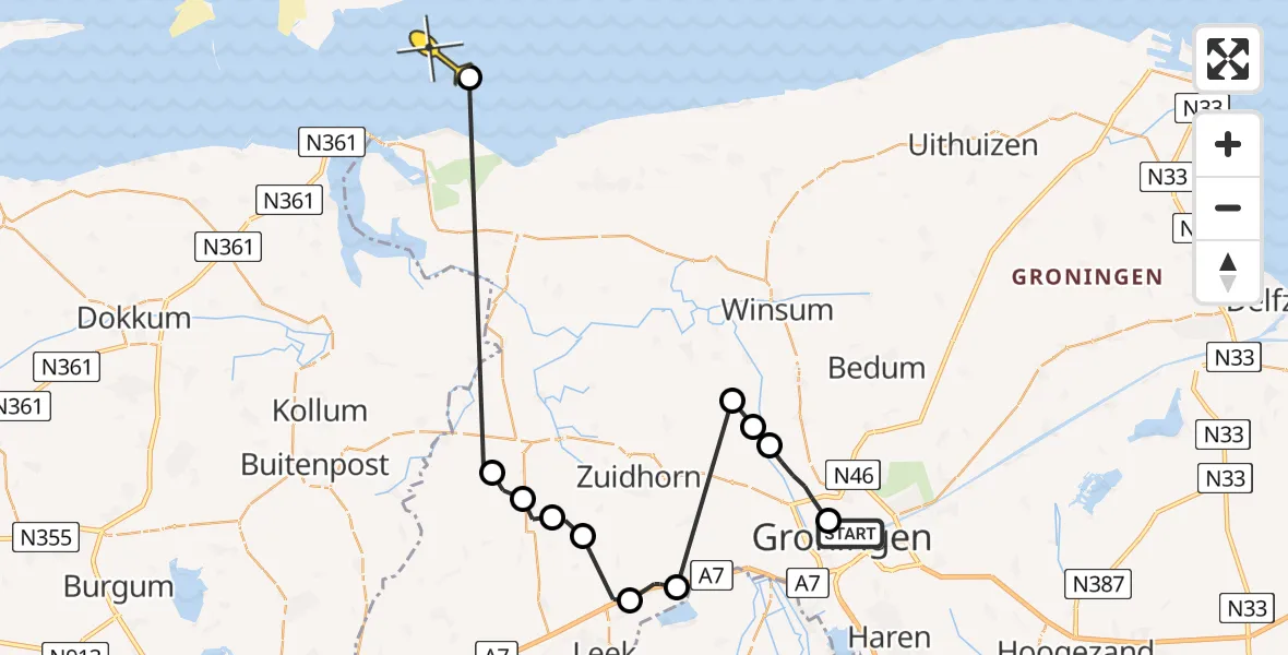 Routekaart van de vlucht: Ambulanceheli naar Schiermonnikoog, Noorderbuitensingel