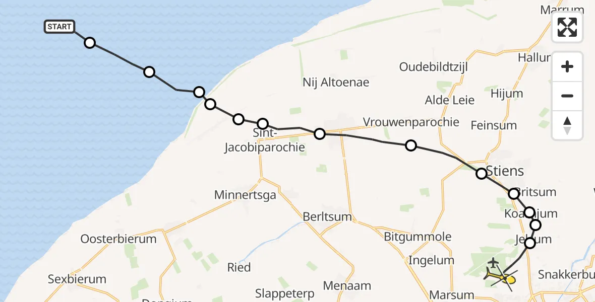 Routekaart van de vlucht: Ambulanceheli naar Vliegbasis Leeuwarden, Keegsdijkje