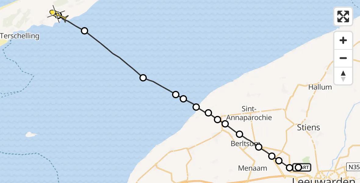 Routekaart van de vlucht: Ambulanceheli naar Landerum, Bitgumerdyk