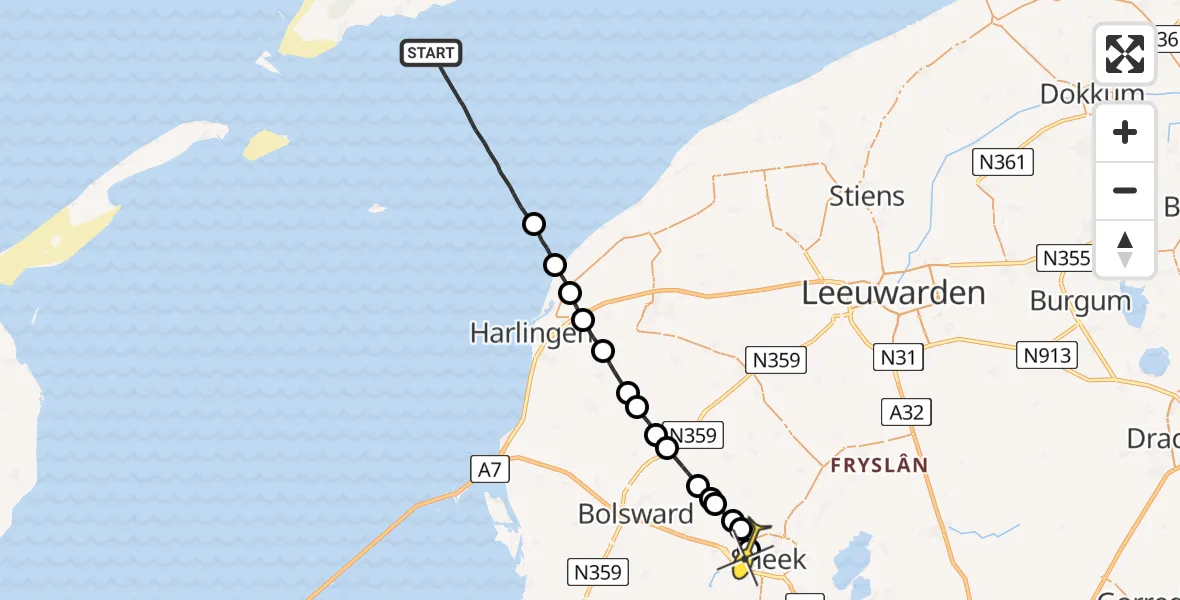 Routekaart van de vlucht: Ambulanceheli naar Sneek, Noord Meep