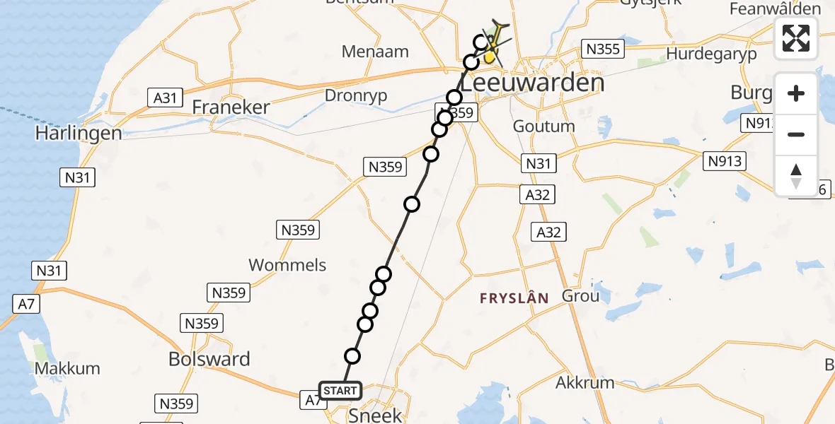 Routekaart van de vlucht: Ambulanceheli naar Vliegbasis Leeuwarden, Ivige Leane