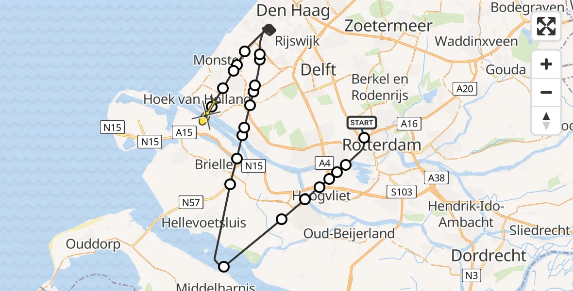 Routekaart van de vlucht: Politiehelikopter naar Hoek van Holland, Pilotenpad