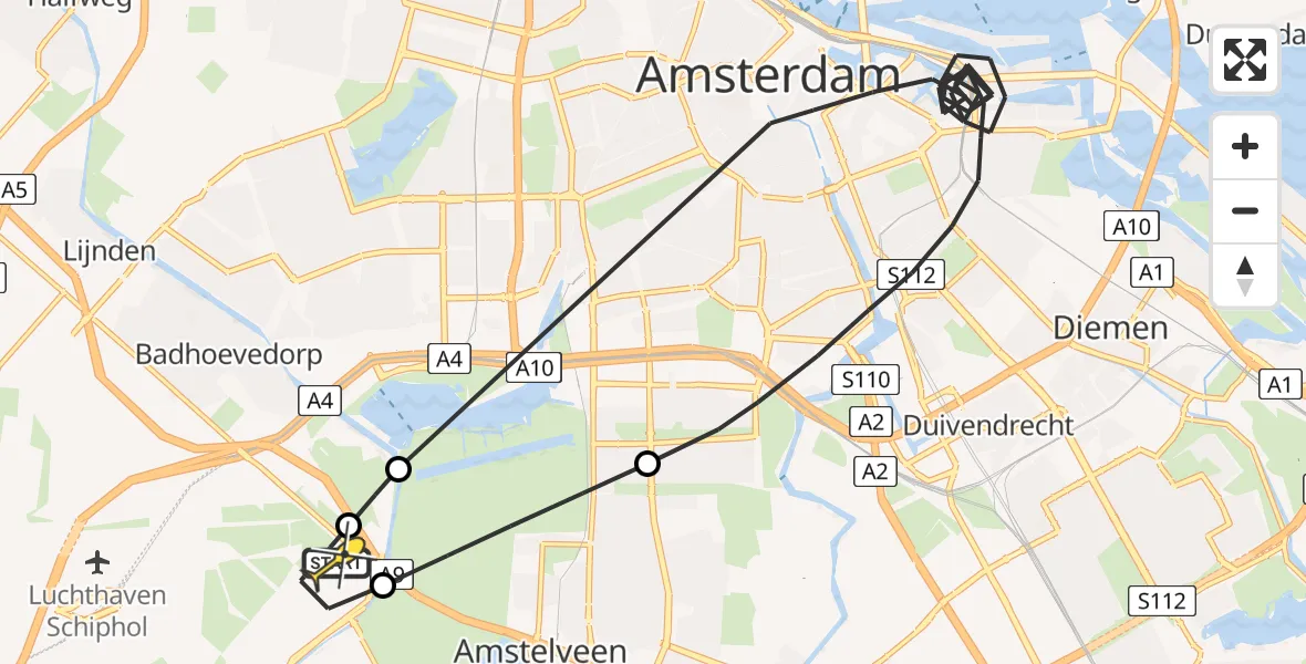 Routekaart van de vlucht: Politieheli naar Schiphol, Loevesteinse Randweg