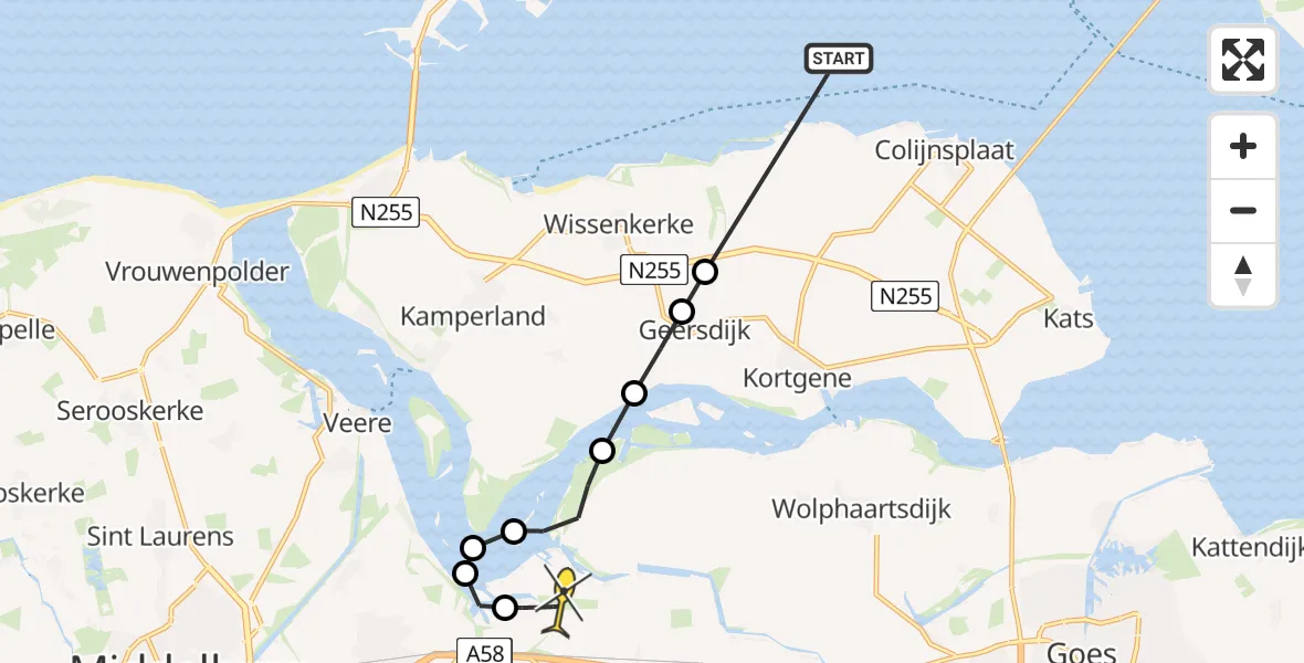 Routekaart van de vlucht: Politiehelikopter naar Vliegveld Midden-Zeeland, Schaar van Colijn