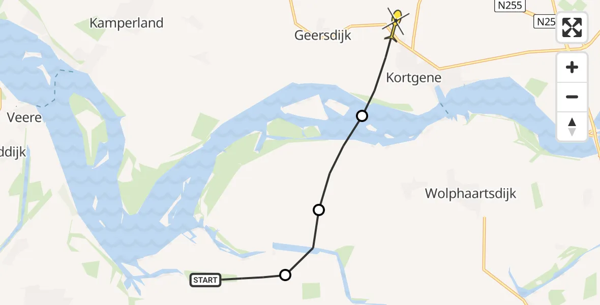 Routekaart van de vlucht: Politiehelikopter naar Kortgene, Pietweg