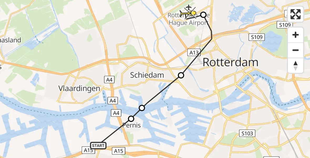 Routekaart van de vlucht: Politiehelikopter naar Rotterdam The Hague Airport, Klein Rijshoofd