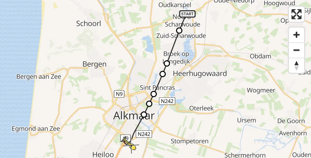 Routekaart van de vlucht: Lifeliner 1 naar Alkmaar, Korteweide