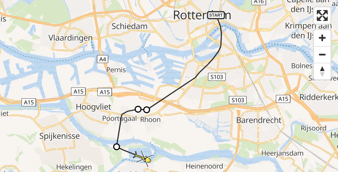 Routekaart van de vlucht: Politieheli naar Spijkenisse, Koninginnebrug