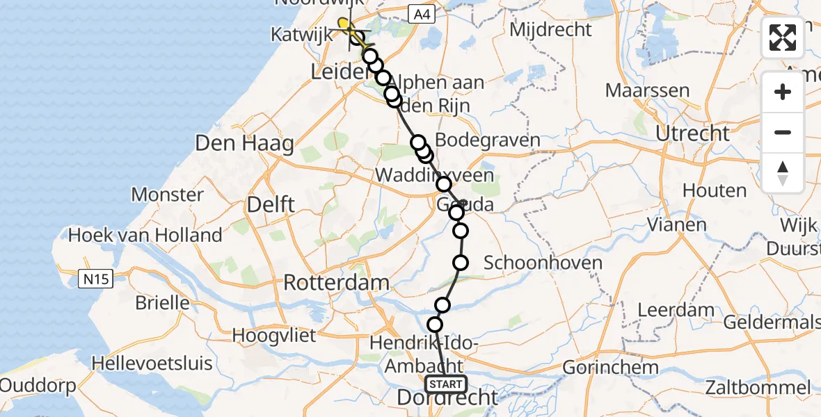 Routekaart van de vlucht: Politieheli naar Warmond, Nieuwe Waterschap