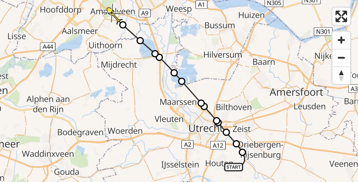 Routekaart van de vlucht: Politieheli naar Amstelveen, Oostromsdijkje