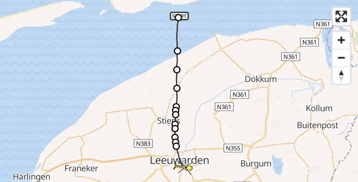 Routekaart van de vlucht: Ambulancehelikopter naar Leeuwarden, Borniastraat