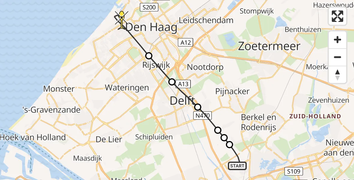 Routekaart van de vlucht: Lifeliner 2 naar Den Haag, Oude Bovendijk