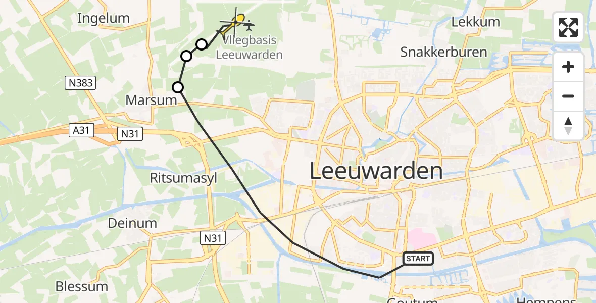 Vluchtroute Ambulancehelikopter van Leeuwarden naar Vliegbasis Leeuwarden