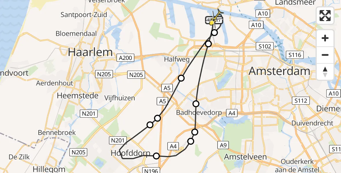 Routekaart van de vlucht: Lifeliner 1 naar Amsterdam Heliport, Capriweg