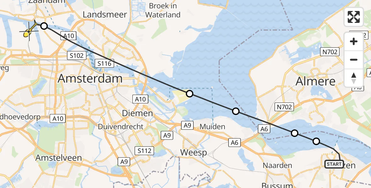 Routekaart van de vlucht: Lifeliner 1 naar Amsterdam Heliport, Slangekruid