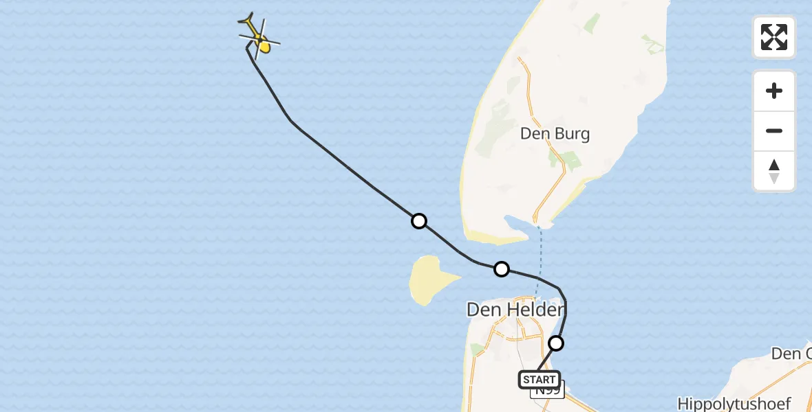 Vluchtroute Kustwachthelikopter van Vliegveld De Kooy naar 