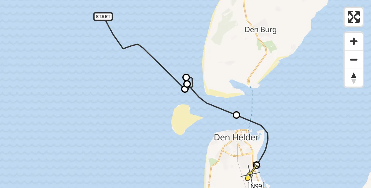 Routekaart van de vlucht: Kustwachthelikopter naar Vliegveld De Kooy, Doggersvaart