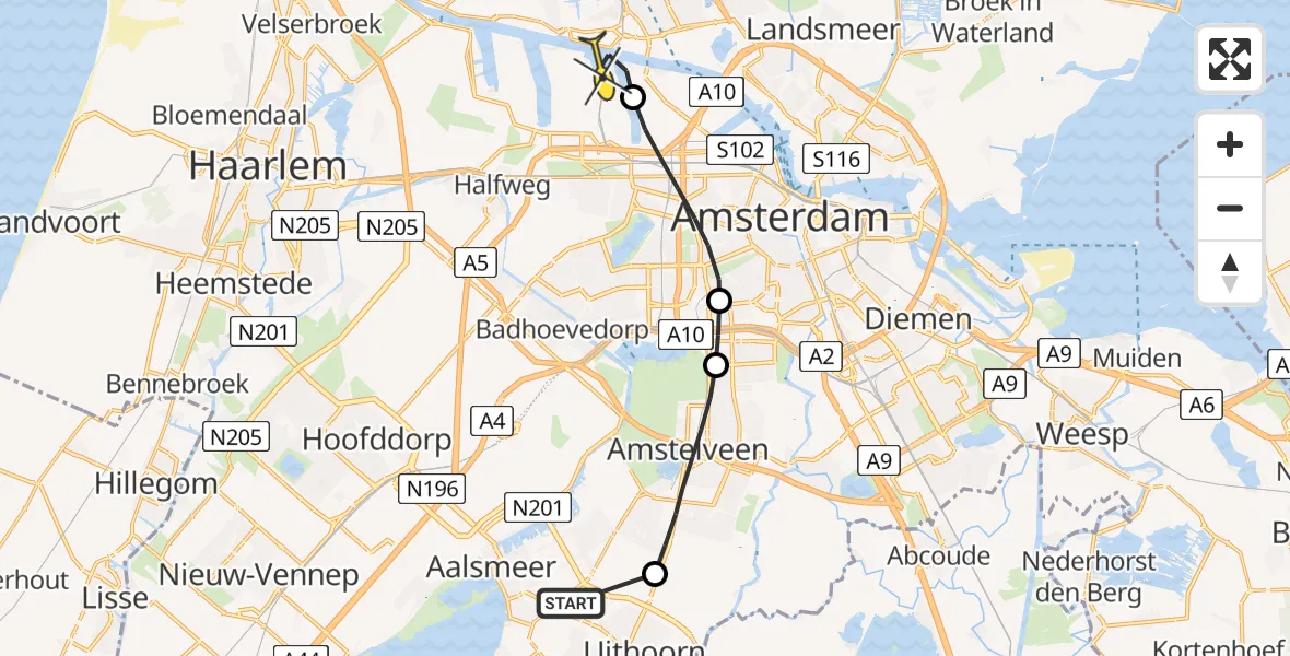 Routekaart van de vlucht: Lifeliner 1 naar Amsterdam Heliport, Zijdelweg