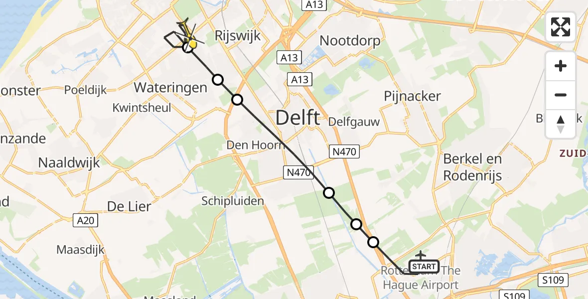 Routekaart van de vlucht: Lifeliner 2 naar Den Haag, Rotterdam Airportbaan