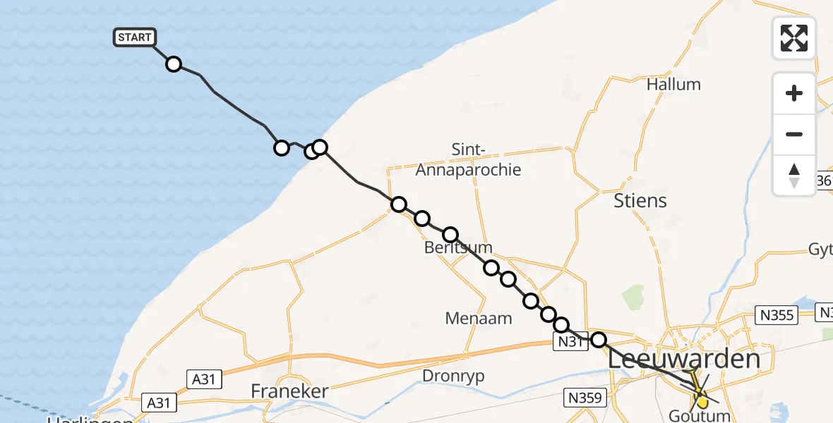 Routekaart van de vlucht: Ambulanceheli naar Leeuwarden, Borniastraat