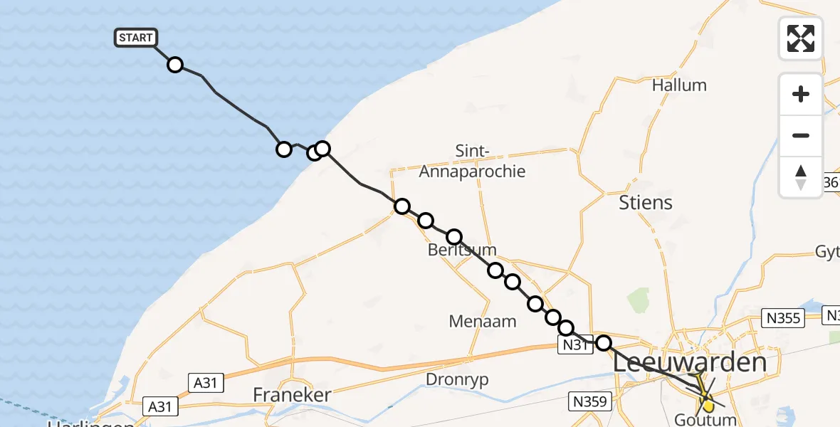Routekaart van de vlucht: Ambulancehelikopter naar Leeuwarden, Borniastraat