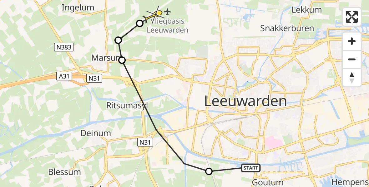 Routekaart van de vlucht: Ambulanceheli naar Vliegbasis Leeuwarden, Boksumerdyk