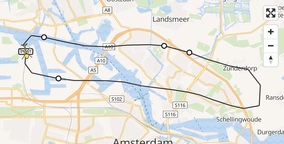 Routekaart van de vlucht: Lifeliner 1 naar Amsterdam Heliport, Corsicaweg