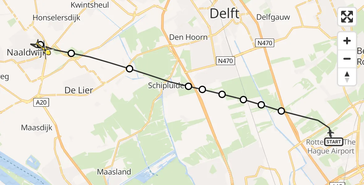 Routekaart van de vlucht: Lifeliner 2 naar Naaldwijk, Schieveense polder