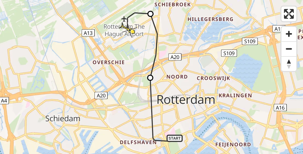 Routekaart van de vlucht: Lifeliner 2 naar Rotterdam The Hague Airport, Pieter de Hoochbrug