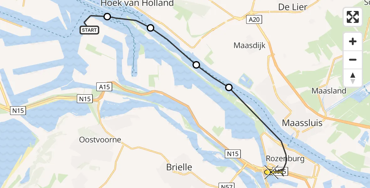 Routekaart van de vlucht: Politiehelikopter naar Botlek, Rotterdam Food Hub