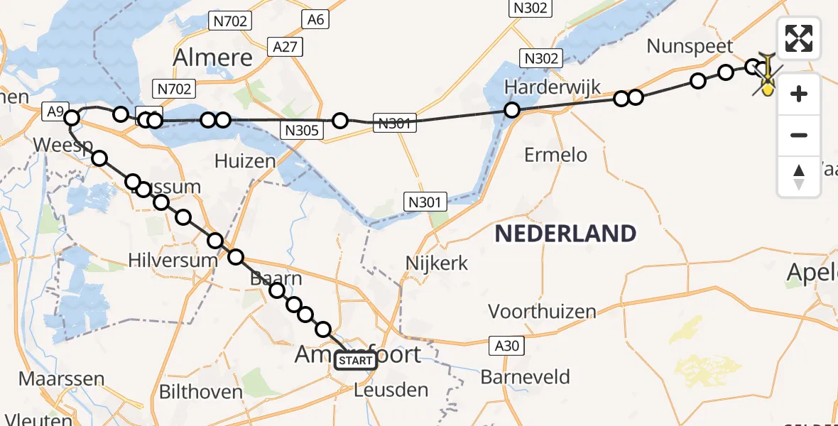 Routekaart van de vlucht: Lifeliner 1 naar Nunspeet, Groningerstraat