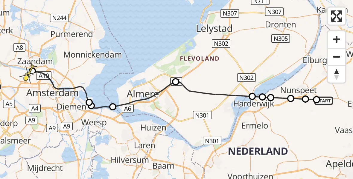 Routekaart van de vlucht: Lifeliner 1 naar Amsterdam Heliport, Pas-Opweg