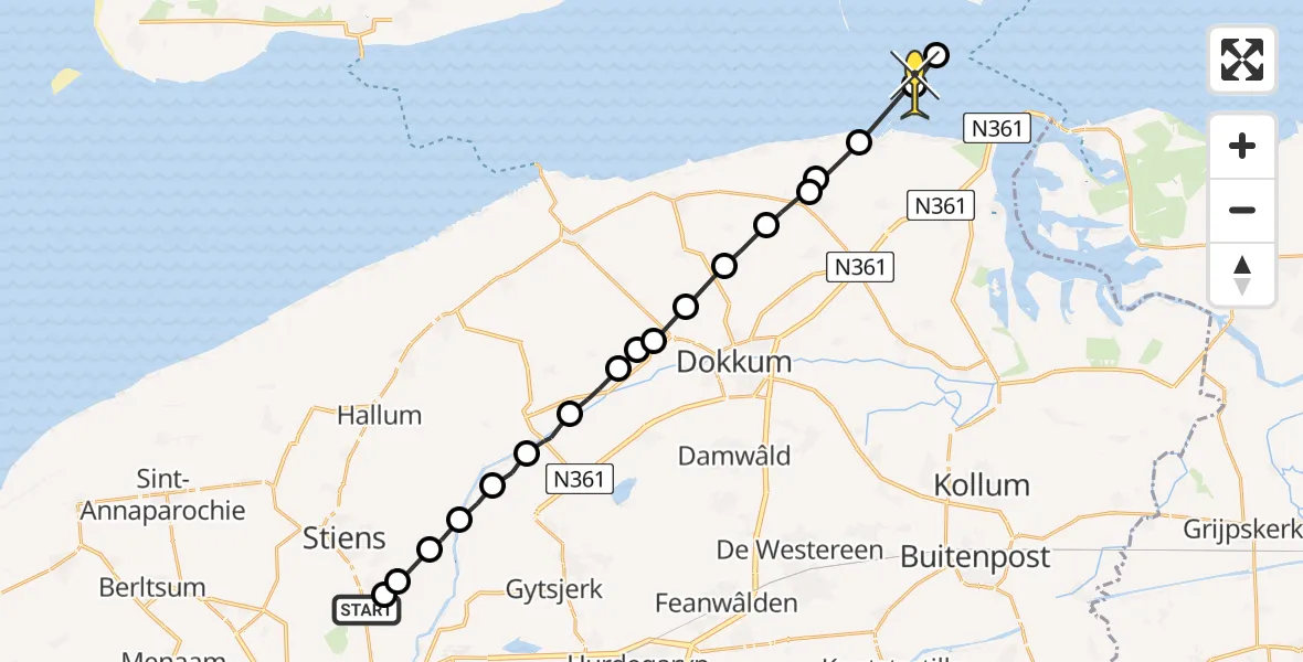 Routekaart van de vlucht: Ambulanceheli naar Anjum, Aldlânsdyk