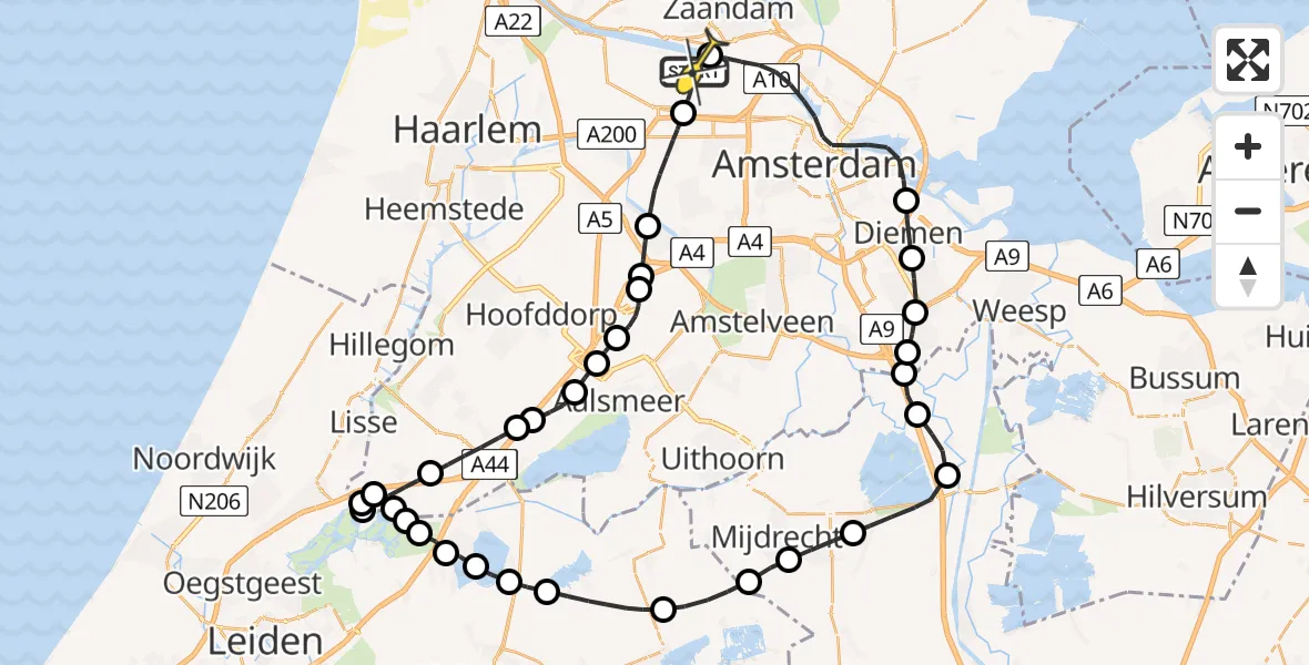 Routekaart van de vlucht: Lifeliner 1 naar Amsterdam Heliport, Nieuw-Zeelandweg