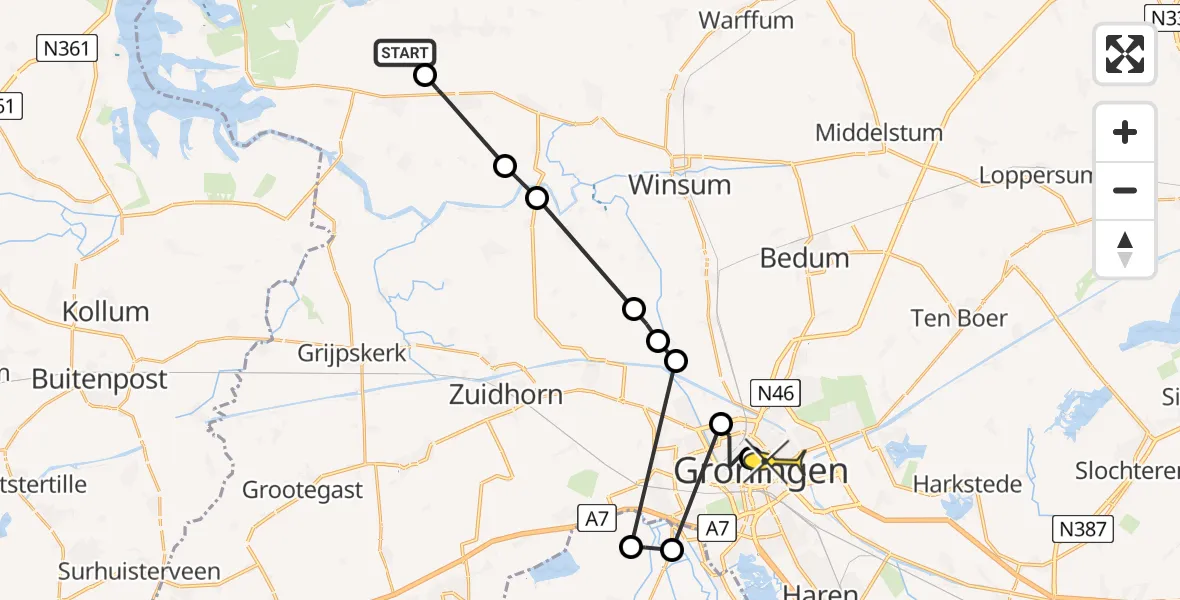 Routekaart van de vlucht: Ambulancehelikopter naar Universitair Medisch Centrum Groningen, Breweelsterweg