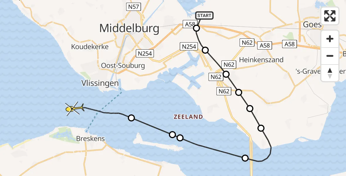 Routekaart van de vlucht: Kustwachthelikopter naar Vlissingen, Postweg