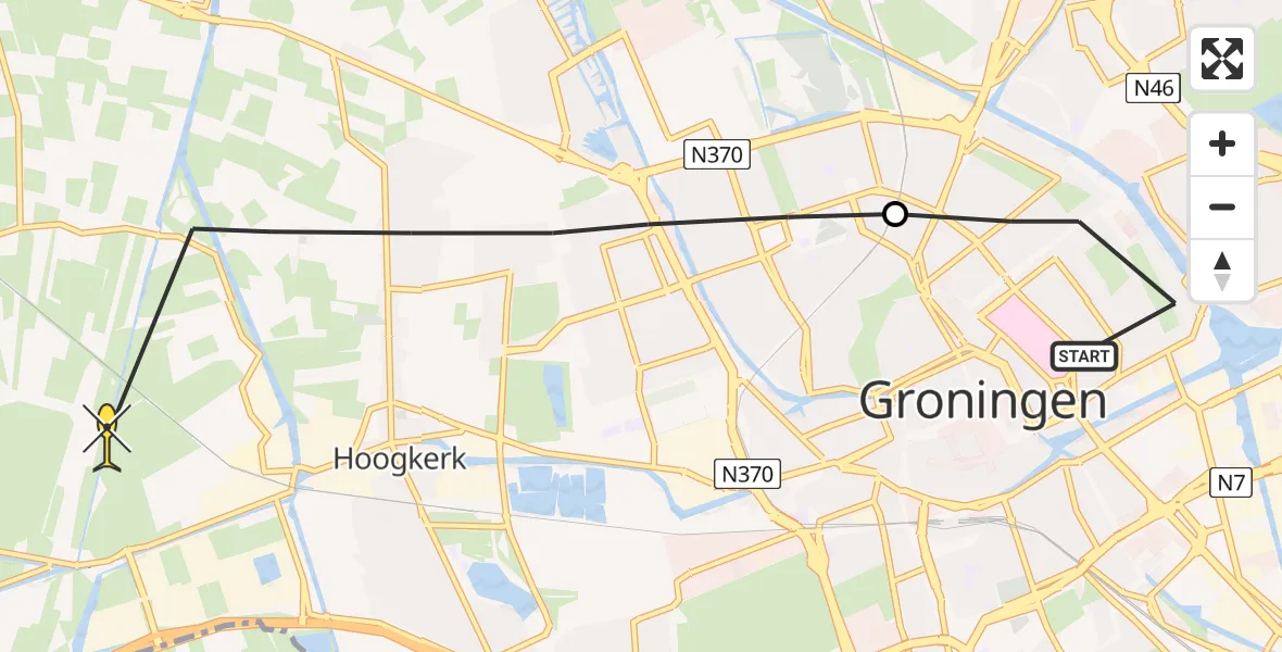 Routekaart van de vlucht: Ambulanceheli naar Groningen, Oosterhamrikkade