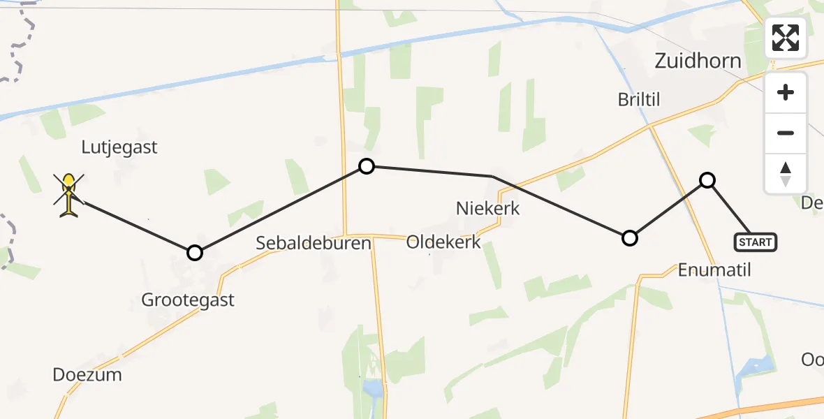 Routekaart van de vlucht: Ambulancehelikopter naar Lutjegast, Hoendiep Oostzijde
