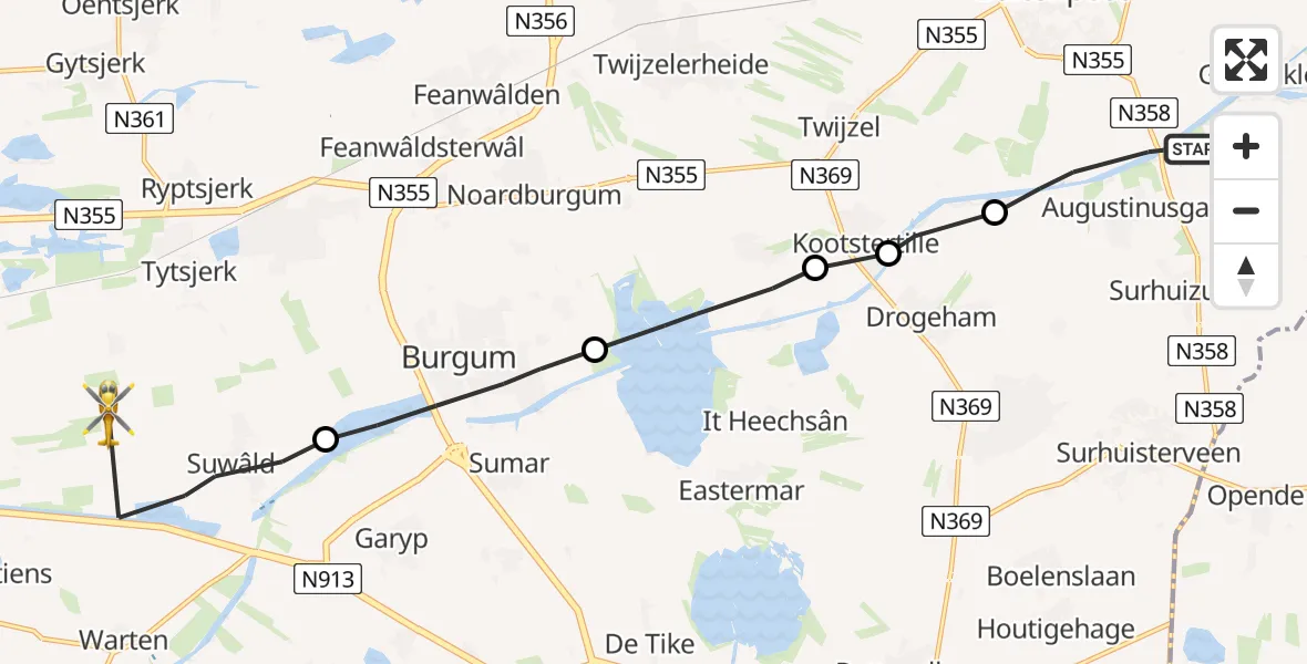 Vluchtroute Ambulancehelikopter Augustinusga - Suwâld, 01 oktober 2024, 12:10