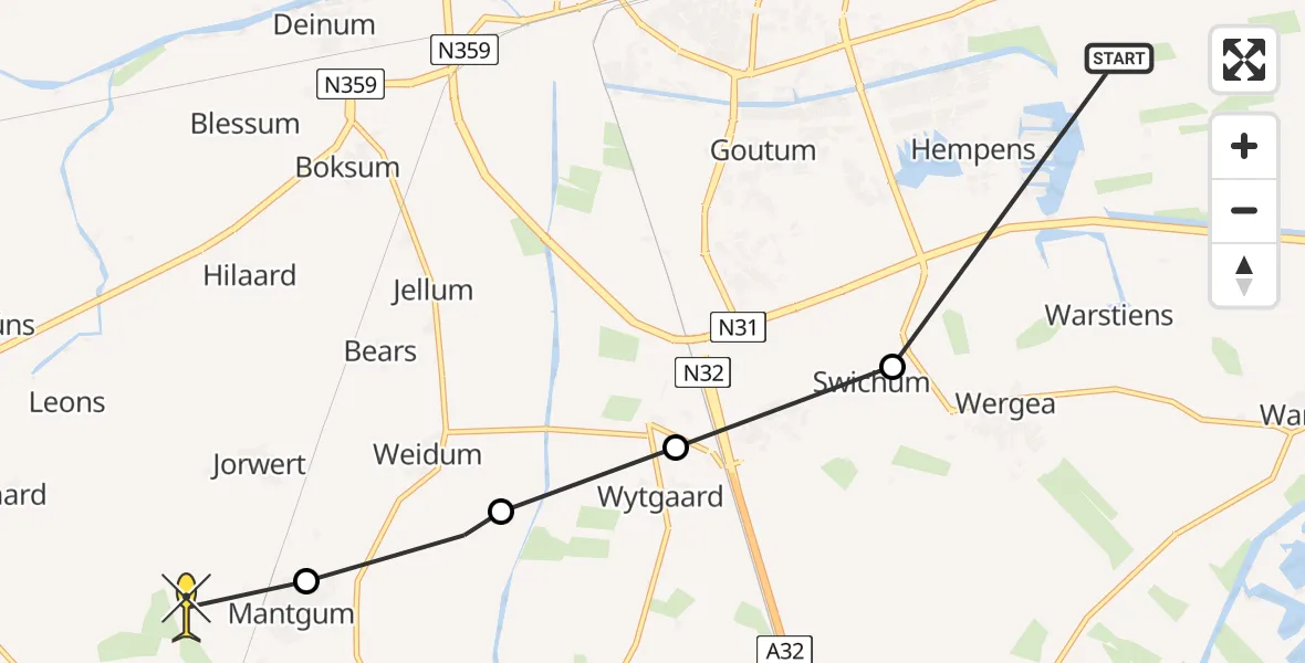 Routekaart van de vlucht: Ambulancehelikopter naar Mantgum, Ayttadyk