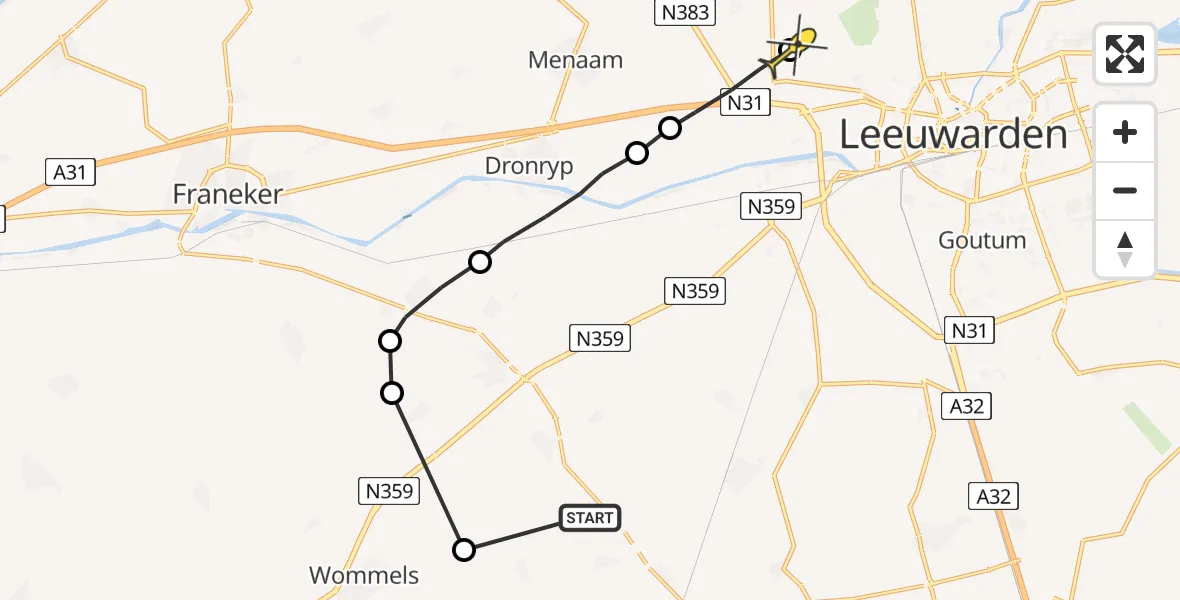 Routekaart van de vlucht: Ambulanceheli naar Leeuwarden, Skrok