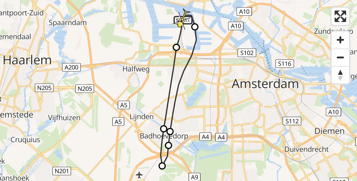 Routekaart van de vlucht: Lifeliner 1 naar Amsterdam Heliport, Nieuw-Zeelandweg